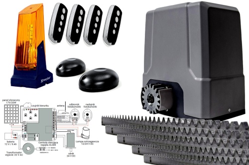 Napęd do Bramy Przesuwnej TP 500 Akumulator 4 Piloty Lampa Fotokomórki Listwa 5m
