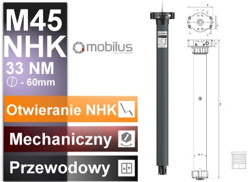 Silnik do Rolet i Bram NHK MOBILUS M45 M 35/13 NHK mechaniczne krańcówki 35NM Awaryjne Otwieranie